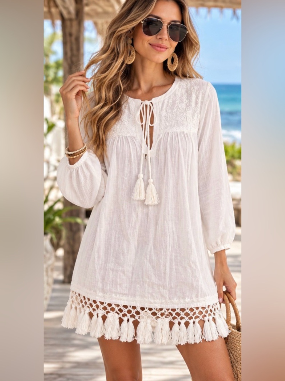 Roberta Roller Rabbit White Cotton Gauze Embroidered Tassel Tunic XXS Boho